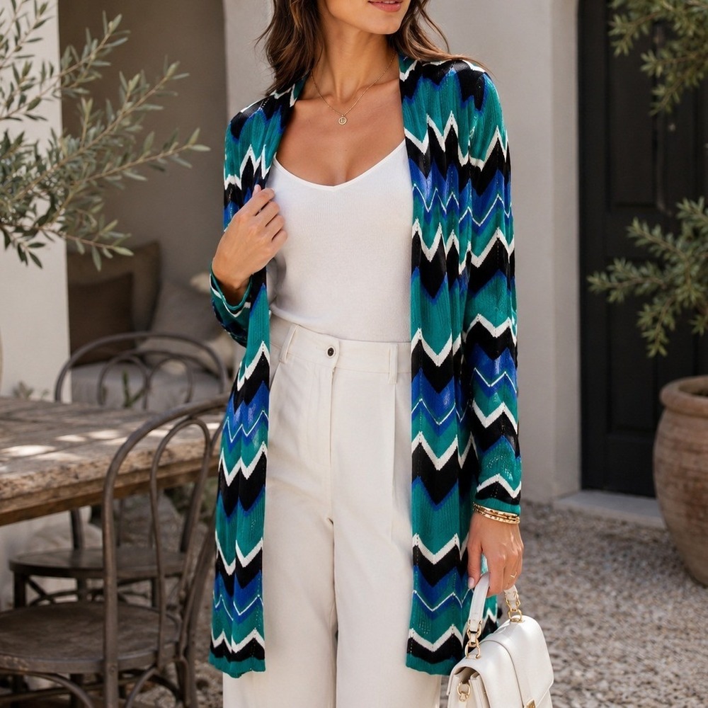 Bellidini Chevron Open Front Knit Cardigan Sweater Blue Green Women's Coastal